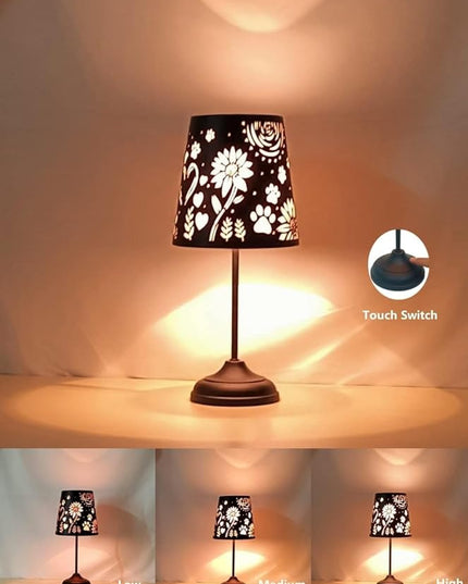 Touch Mini Table Lamp, Dimmable Touch Bedside Lamp, Black Metal Cutout Lampshade, Decoration Desk Lamp - LeafyLoom