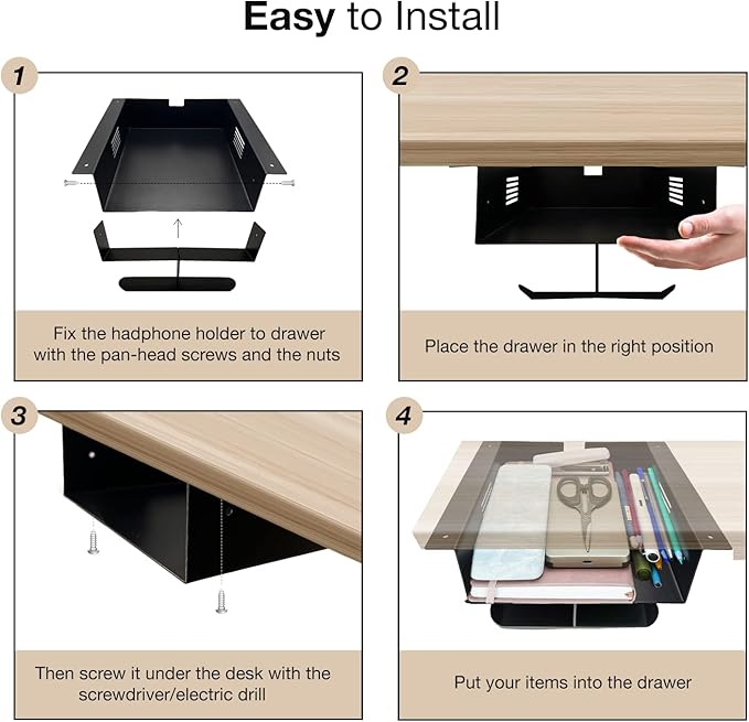– Premium Under Desk Storage – Convenient Under Desk Drawer – Mountable Desk Drawer for Office & Home – Desk Storage from Alloy Steel – Ideal for Organizing – Size – Black/White - LeafyLoom