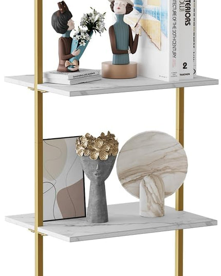 Ladder Shelf 4 Tiers Metal Industrial Bookshelf,White Marble Wood Tall Open Storage Rack and Display Shelves,Wall Mount Wide Book Case for Home Office Bedroom,Small - LeafyLoom