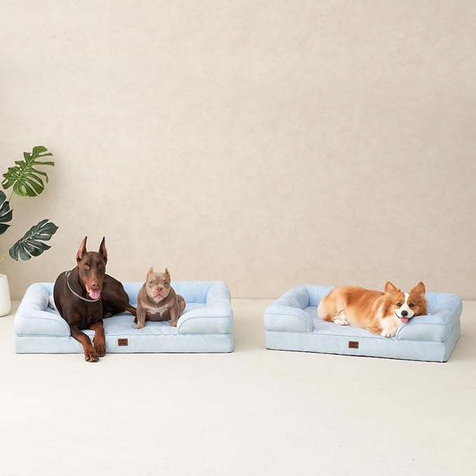EHEYCIGA Orthopedic Dog Bed for Large Dogs, Waterproof Memory Foam with Sides, Non-Slip Bottom and Egg-Crate Foam Couch Bed with Washable Removable Cover, Light Blue EHEYCIGA