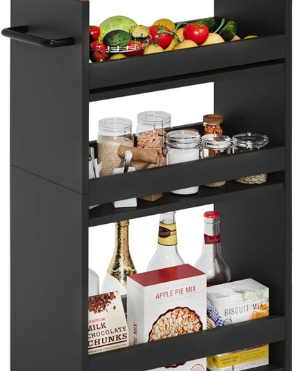 TEAMIX 4 Tier Slim Storage Cart with Handle, Slide Out Storage Rolling Utility Cart Mobile Shelving Unit Organizer Trolley for Small Spaces Kitchen Laundry Narrow Places (Black+Brown, 7-7/8'' W) - LeafyLoom