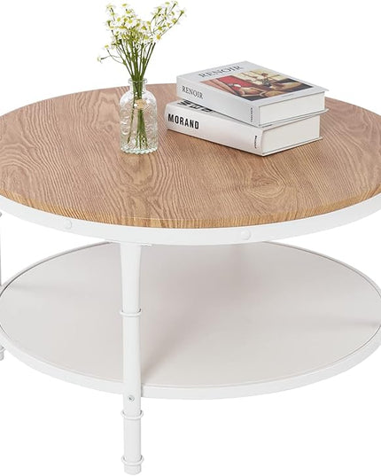 VINGLI 31.5" Natural White Round Farmhouse Coffee Table, 2-Tier Storage Wood Center Circle Accent Table for Living Room, Bedroom, Apartment, Studio and Small Spaces, Sturdy Metal Frame, Natural Color - LeafyLoom