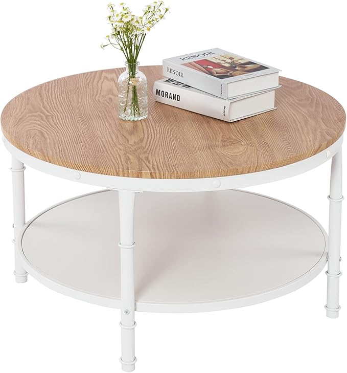 VINGLI 31.5" Natural White Round Farmhouse Coffee Table, 2-Tier Storage Wood Center Circle Accent Table for Living Room, Bedroom, Apartment, Studio and Small Spaces, Sturdy Metal Frame, Natural Color - LeafyLoom