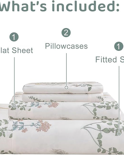 QSH Floral Queen Size Sheet Sets - 100% Egyptian Cotton Sheets Elegant Flower Pattern Printed Bedding Sheets Queen Size Bed Extra Soft and Breathable 4pcs Deep Pockets Bed Sheets - LeafyLoom