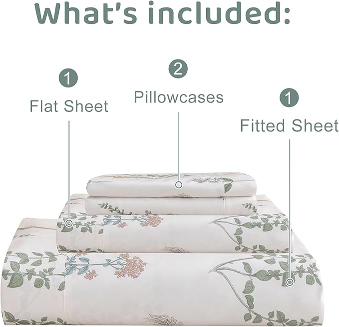 QSH Floral Queen Size Sheet Sets - 100% Egyptian Cotton Sheets Elegant Flower Pattern Printed Bedding Sheets Queen Size Bed Extra Soft and Breathable 4pcs Deep Pockets Bed Sheets - LeafyLoom