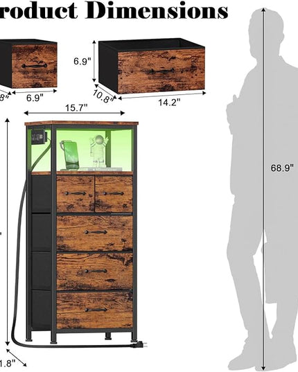 Furnulem Tall LED Dresser with Charging Station, Vertical Storage Tower Unit with Wood Shelf, 5 Drawer Nightstand for Bedroom, Living Room, Hallway, Fabric Bins, Bedside Table Furniture(Rustic Brown) - LeafyLoom