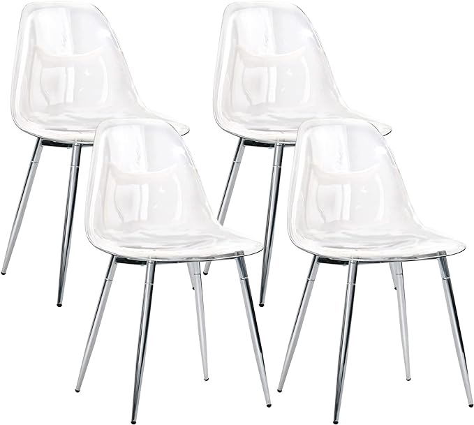 CangLong Acrylic Ghost Crystal Seat, Modern Plastic Shell Accent Side Chairs Legs for Kitchen, Dining, Living, Guest, Bed Room, Set of 4, Transparent + Silver - LeafyLoom