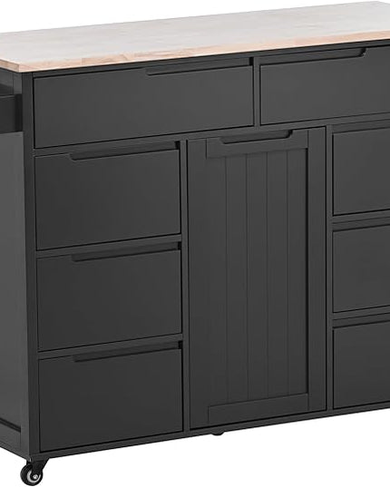 53Inch Kitchen Island Table with8 Handle-Free Drawers & Storage, Kitchen-Cart on Locking Wheels w/Rubber Wood Countertop, for Dinning Room, Coffee Bar - LeafyLoom