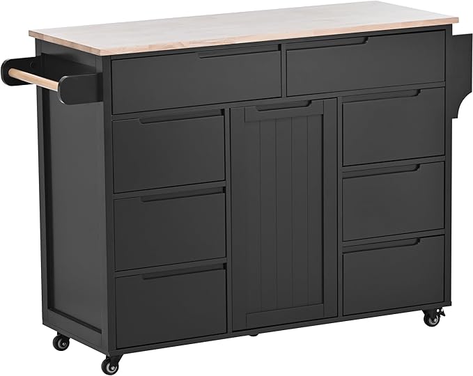 53Inch Kitchen Island Table with8 Handle-Free Drawers & Storage, Kitchen-Cart on Locking Wheels w/Rubber Wood Countertop, for Dinning Room, Coffee Bar - LeafyLoom