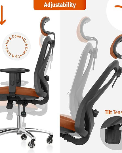 Duramont Office Chair Ergonomic Adjustable Lumbar Support and Rollerblade Wheels - Desk Chair with High Back Breathable Mesh - Thick Seat Cushion, Head, and Arm Rests control BROWN - LeafyLoom