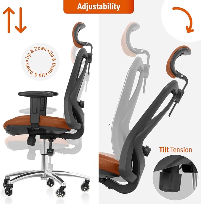 Duramont Office Chair Ergonomic Adjustable Lumbar Support and Rollerblade Wheels - Desk Chair with High Back Breathable Mesh - Thick Seat Cushion, Head, and Arm Rests control BROWN - LeafyLoom