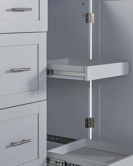 Rolling Kitchen Island with 3 Drawer and 2 Slide-Out Shelf,Rubber Wood Top Cart W/Spice-Rack & Tower-Rack,Internal Storage Rack,for Home Refectory,Grey Blue - LeafyLoom
