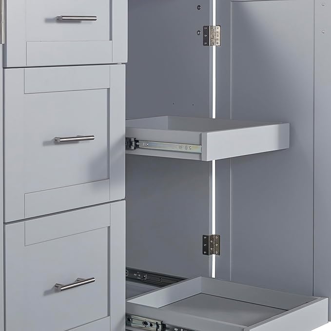 Rolling Kitchen Island with 3 Drawer and 2 Slide-Out Shelf,Rubber Wood Top Cart W/Spice-Rack & Tower-Rack,Internal Storage Rack,for Home Refectory,Grey Blue - LeafyLoom