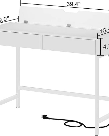 Treocho Computer Desk with USB Charging Ports and Power Outlets, Modern Simple 40 inch White Desk with 2 Drawers, Vanity Desk, Makeup Table for Home Office, Bedroom - LeafyLoom