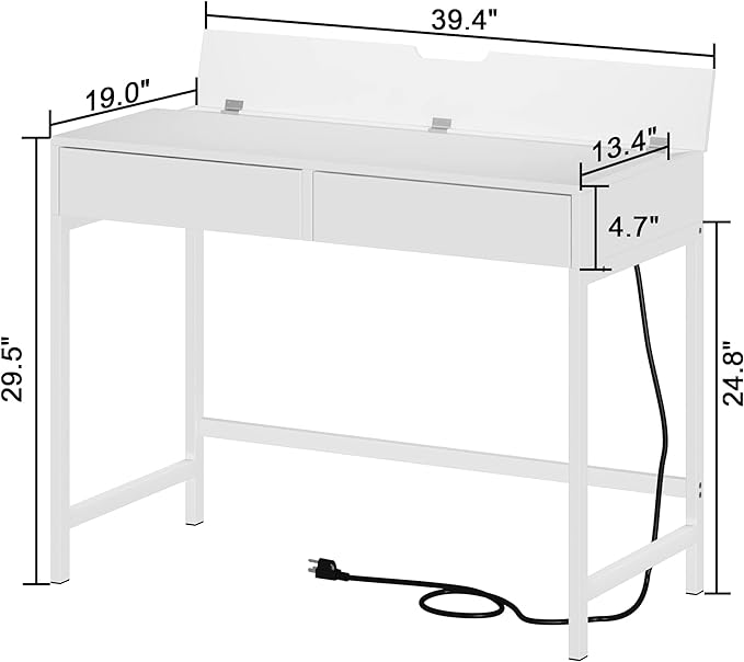 Treocho Computer Desk with USB Charging Ports and Power Outlets, Modern Simple 40 inch White Desk with 2 Drawers, Vanity Desk, Makeup Table for Home Office, Bedroom - LeafyLoom