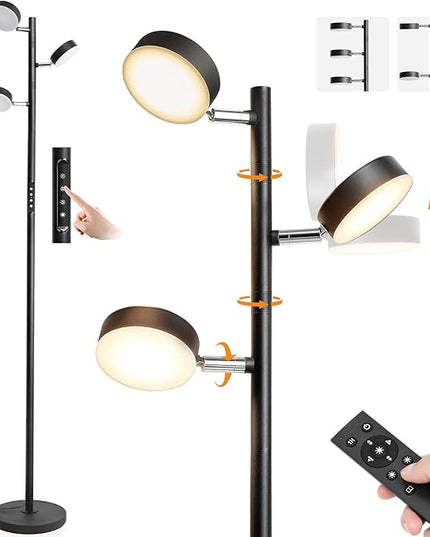 LED Tree Floor Lamp, Dimmable Modern Floor Lamp with Remote & Touch Control, 3 Rotatable Light Floor Lamps with Timer, 4 Color Temperatures, Tall Standing Lamp for Living Room, Bedroom, Office, Black - LeafyLoom