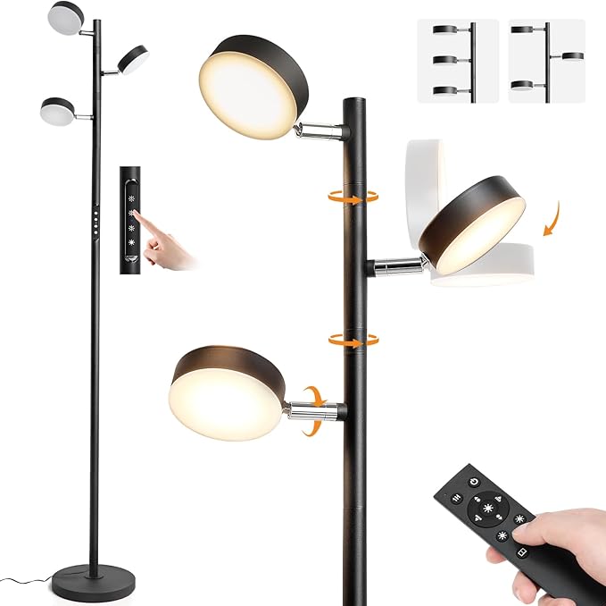 LED Tree Floor Lamp, Dimmable Modern Floor Lamp with Remote & Touch Control, 3 Rotatable Light Floor Lamps with Timer, 4 Color Temperatures, Tall Standing Lamp for Living Room, Bedroom, Office, Black - LeafyLoom