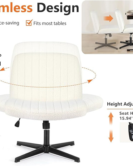 Sweetcrispy Office Chair No Wheels - Armless Desk Chair No Wheels Cross Legged Office Chair Wide Swivel Teddy Fabric Home Office Desk Chairs - LeafyLoom
