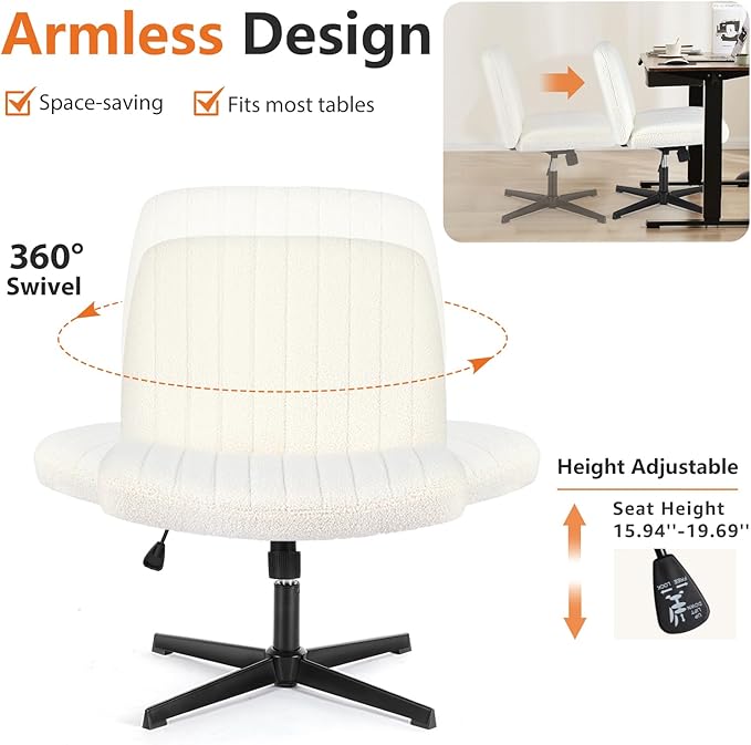 Sweetcrispy Office Chair No Wheels - Armless Desk Chair No Wheels Cross Legged Office Chair Wide Swivel Teddy Fabric Home Office Desk Chairs - LeafyLoom