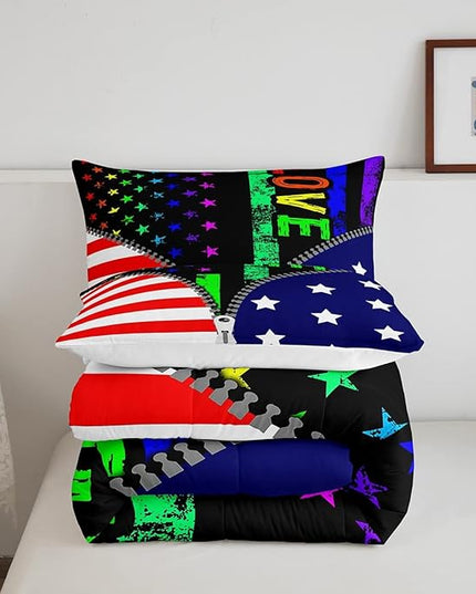 Erosebridal American Flag Comforter Set Rainbow Pride Bedding Set Queen Size for Kids Boys Teens Bedroom,USA Federations Stars Stripes Down Comforter Unique Zipper Design Quilted Duvet, Colorful - LeafyLoom