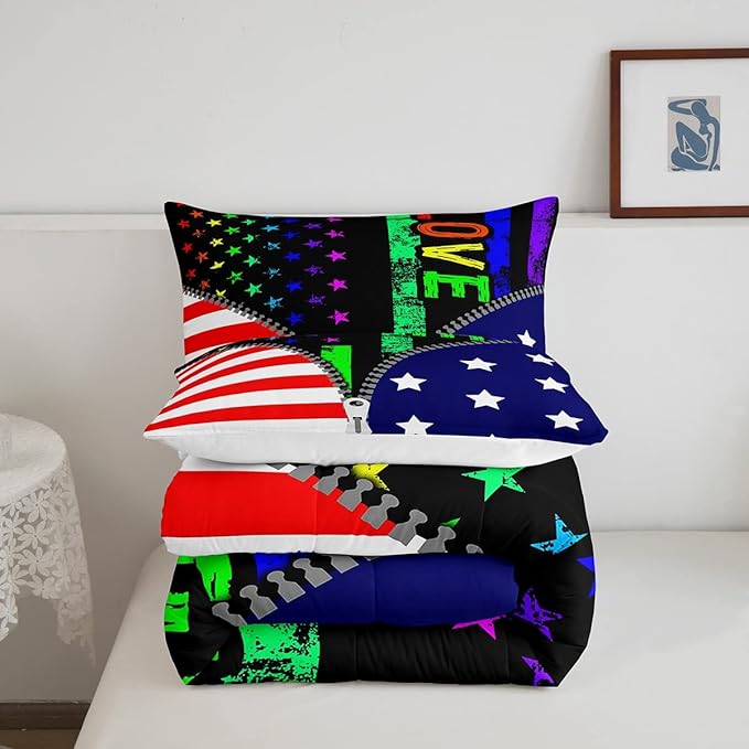 Erosebridal American Flag Comforter Set Rainbow Pride Bedding Set Twin Size for Teens Adult Women Bedroom,USA Federations Stars Stripes Down Comforter Kids Unique Zipper Design Duvet Sets, Colorful - LeafyLoom