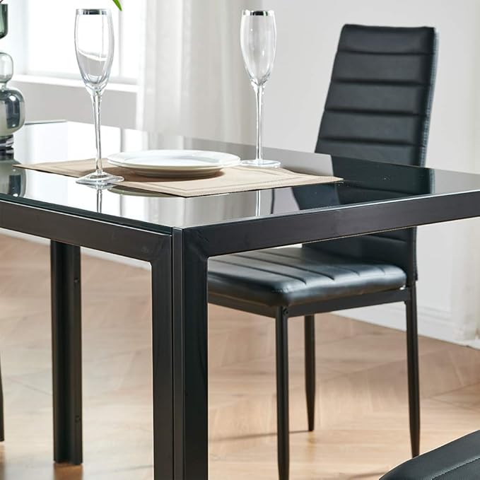 IDS Home Rectangular with Metal Legs for 4/6 Persons Transparent Glass Top Kitchen Dining Table, 51.2", Black - LeafyLoom