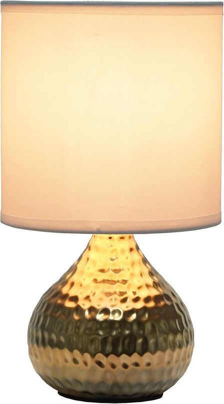Simple Designs LT2073-GDW Mini Hammered Texture Gold Drip Table Lamp with White Shade & Sylvania LED TruWave Natural Series Décor B10 Chandelier Light Bulb, 40W Equivalent Efficient 4W - LeafyLoom