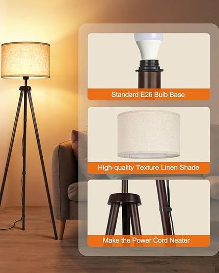 OUTON Wood Tripod Floor Lamp, Mid Century LED Dimmable Floor Lamp with Remote Control, 4 Color Temperature, Sturdy Tall Standing Lamp with Beige Linen Texture Shade for Living Room, Bedroom, Office - LeafyLoom