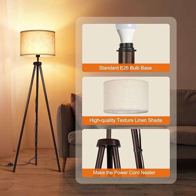 OUTON Wood Tripod Floor Lamp, Mid Century LED Dimmable Floor Lamp with Remote Control, 4 Color Temperature, Sturdy Tall Standing Lamp with Beige Linen Texture Shade for Living Room, Bedroom, Office - LeafyLoom