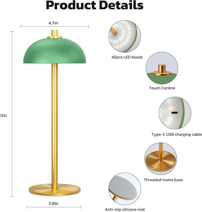2 Pack Cordless Table Lamp, 5000mAh Portable Rechargeable Table Lamp, 3 Color Modes Stepless Dimming Table Light with Memory Function, for Dinner, Patio, Home, Restaurant.(Green) - LeafyLoom