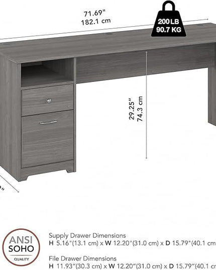 Bush Furniture Cabot Desks for Home Office with Storage and Chrome Hardware | Elegant Computer Table with Drawers, 72W, Modern Gray - LeafyLoom
