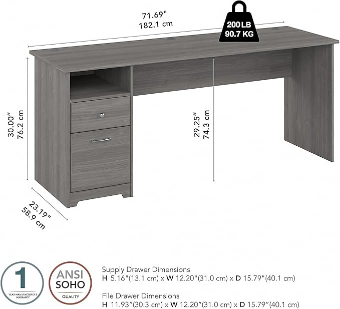 Bush Furniture Cabot Desks for Home Office with Storage and Chrome Hardware | Elegant Computer Table with Drawers, 72W, Modern Gray - LeafyLoom