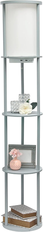 Simple Designs LF2010-GRY 62.5" Round Modern Shelf Etagere Organizer Storage Floor Lamp with 2 USB Charging Ports, 1 Charging Outlet and Linen Shade for Living Room Bedroom, Gray, 11.5 x 11.5 x 62.5 - LeafyLoom