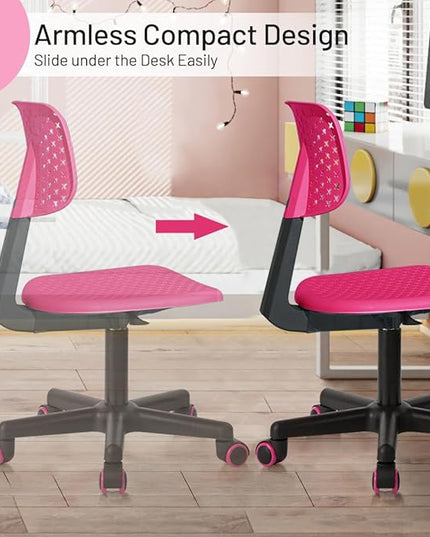 Desk Chair Armless Cute Office Chair, Low Back Rolling Home Office Task Chair Adjustable Swivel Study Chair for Girls Teens Adults Children Kids, Pink - LeafyLoom