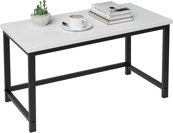 White Modern Coffee Table Wood for Living Room Rectangle Metal Simple Minimalist Center Table, Small Narrow Coffe Table, 32 Inch White Black - LeafyLoom