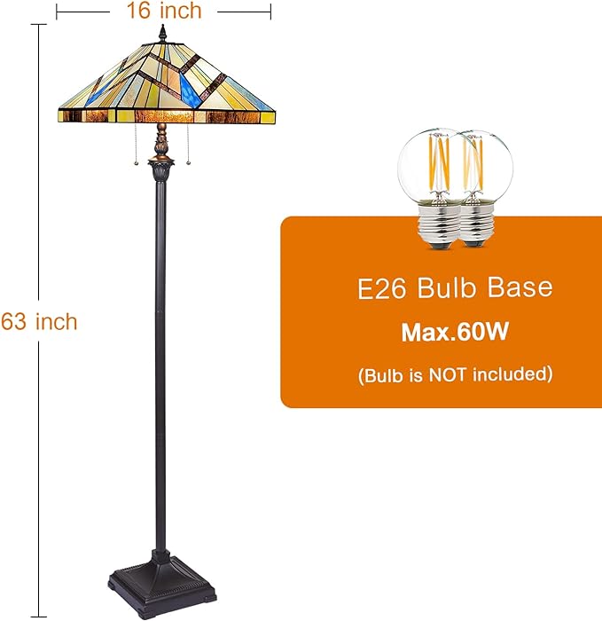 Capulina Tiffany Style Floor Lamp 2-Light 16x16x63 Inch Cream Amber Antique Mission Style Stained Glass Standing Light for Living Room Bedroom Home Office - LeafyLoom