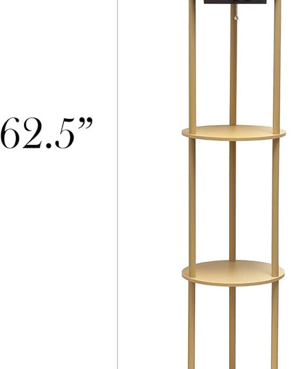 Simple Designs LF2010-TAN 62.5" Round Modern Shelf Etagere Organizer Storage Floor Lamp with 2 USB Charging Ports, 1 Charging Outlet and Linen Shade for Living Room Bedroom Office, Tan - LeafyLoom
