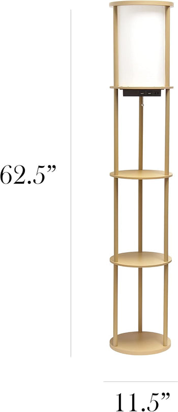 Simple Designs LF2010-TAN 62.5" Round Modern Shelf Etagere Organizer Storage Floor Lamp with 2 USB Charging Ports, 1 Charging Outlet and Linen Shade for Living Room Bedroom Office, Tan - LeafyLoom