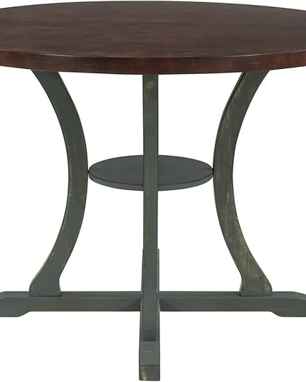 Kitchen Set 5-Piece Round Dining 4 Fabric Chairs with Special-shaped Table Legs and Storage Shelf, Antique Blue+Dark Brown - LeafyLoom