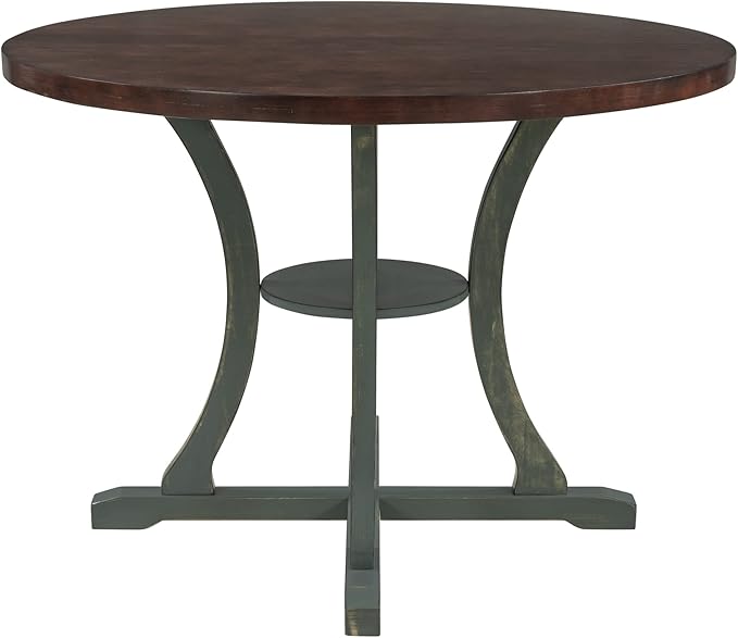 Kitchen Set 5-Piece Round Dining 4 Fabric Chairs with Special-shaped Table Legs and Storage Shelf, Antique Blue+Dark Brown - LeafyLoom