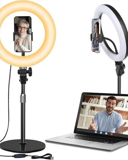 Video Conference Lighting for Laptop Computer, 10.5'' Selfie Ring Light with Stand and Phone Holder for Remote Working, Zoom Meeting Calls, Webcam Lighting, Live Streaming, Video Recording - LeafyLoom