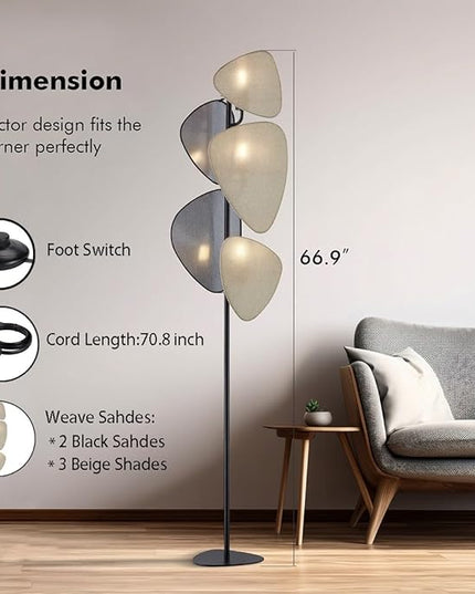 WOXXX Floor Lamp,Floor Lamps for Living Room,Modern Floor Lamp for Bedroom Office,Boho Corner Floor Lamp with 5 Weave Shades,Reading Tall Lamp Standing Lamp,Minimalist Unique Tree Floor Lamp(Black) - LeafyLoom