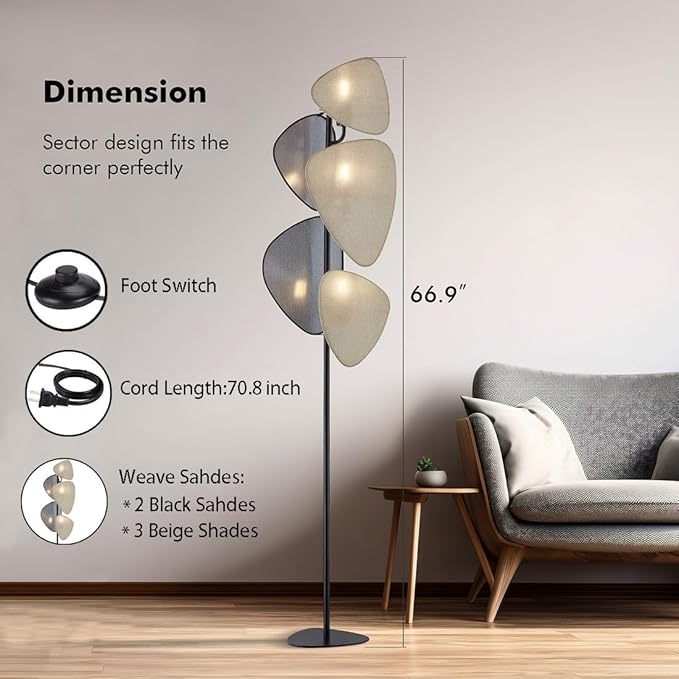 WOXXX Floor Lamp,Floor Lamps for Living Room,Modern Floor Lamp for Bedroom Office,Boho Corner Floor Lamp with 5 Weave Shades,Reading Tall Lamp Standing Lamp,Minimalist Unique Tree Floor Lamp(Black) - LeafyLoom