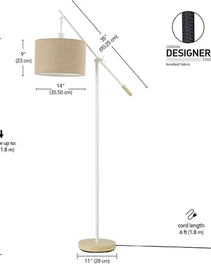 Globe Electric Serena 66" Floor Lamp, Matte White, Faux Wood Accents, Jute Shade, Dimmable Rotary Switch on Socket - LeafyLoom