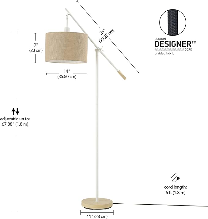 Globe Electric Serena 66" Floor Lamp, Matte White, Faux Wood Accents, Jute Shade, Dimmable Rotary Switch on Socket - LeafyLoom