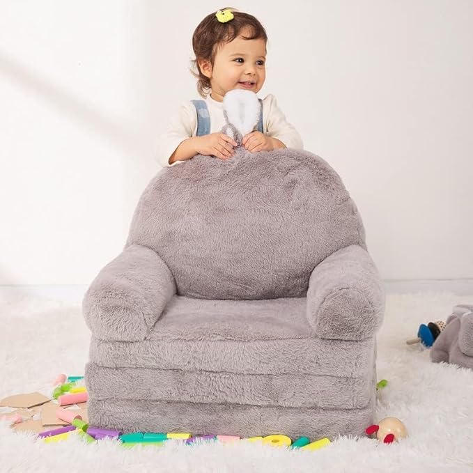 Kids Couch Fold Out Soft Toddler Chairs,Toddler Armrest Chair Bed for Play,Gift for 0-3 Years,Grey Bunny - LeafyLoom