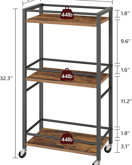 Rolling Cart, Mobile Kitchen Cart on Wheels, Narrow Storage Cart for Small Space, Wooden Service Cart, for Bathroom, Laundry, Living Room, Rustic Brown RCHR4001 - LeafyLoom