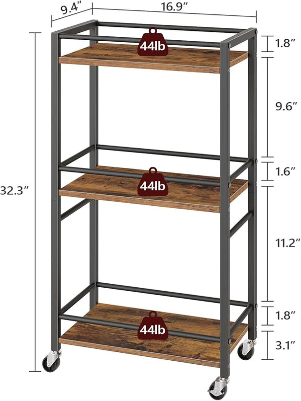 Rolling Cart, Mobile Kitchen Cart on Wheels, Narrow Storage Cart for Small Space, Wooden Service Cart, for Bathroom, Laundry, Living Room, Rustic Brown RCHR4001 - LeafyLoom
