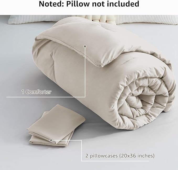 CozyLux Beige Comforter Set King Size, 3 Pieces Boho Solid Breathable Quilted Style Bedding Sets, Luxury Fluffy Soft Microfiber Comforter for All Season(1 Comforter & 2 Pillowcases) - LeafyLoom