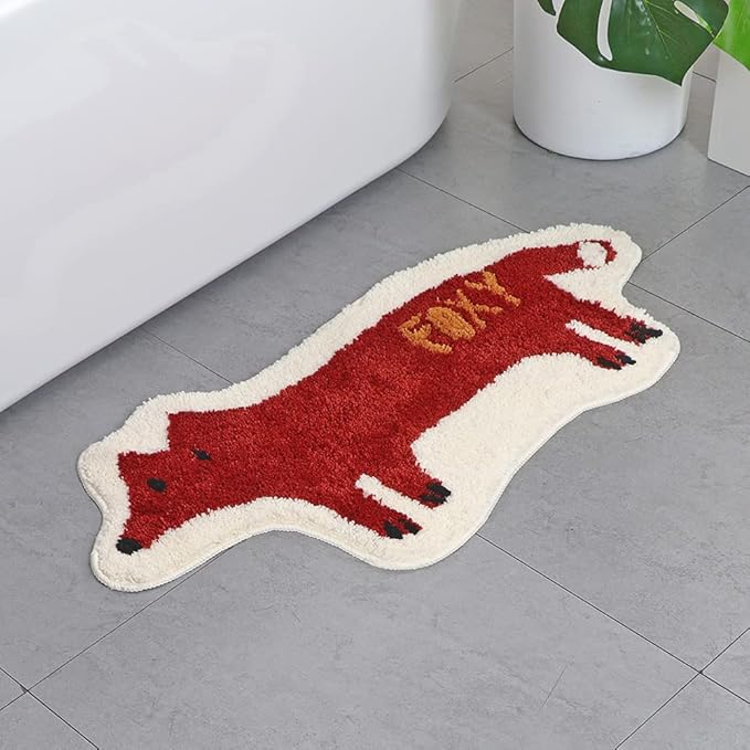 Fox Shaped Bath Rug Microfiber and Non Slip Backing Bath Mat Bathroom Bedroom Cartoon Bathtub Rug Bathroom Tub Decor Water Absorption Machine Washable (42x84cm/16.5x33.1in) - LeafyLoom